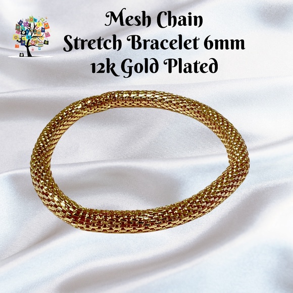 Mesh Chain Stretch Bracelet 6mm Gold Plated on Iron - Glides on Easily! - Picture 1 of 6